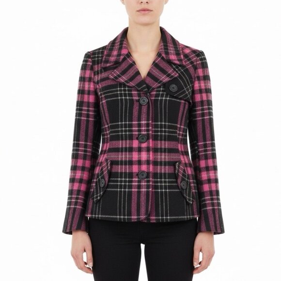 Abbie Mags Jackets & Blazers - Abbie Mags Womens Black & Pink Plaid Wool Blend Button-Up Coat Retro Chic Size S